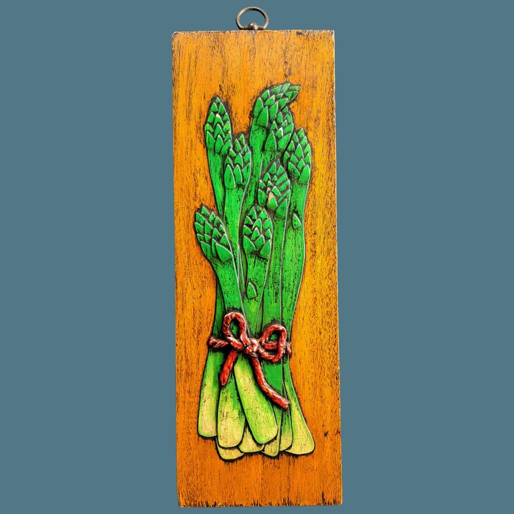 Vintage 1970s Carved Wood Asparagus Bunch with Red Ribbon Wall Hanging